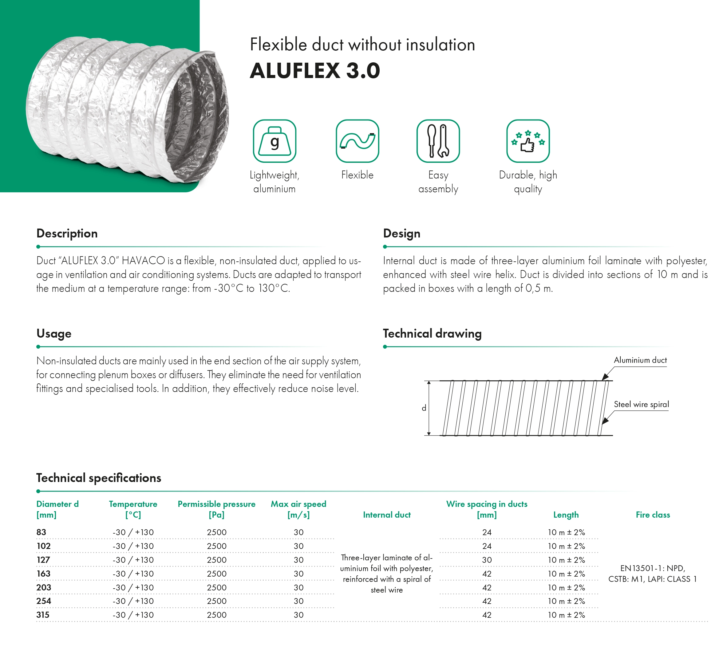 Flexible duct without insulation ALUFLEX 3.0 HAVACO
