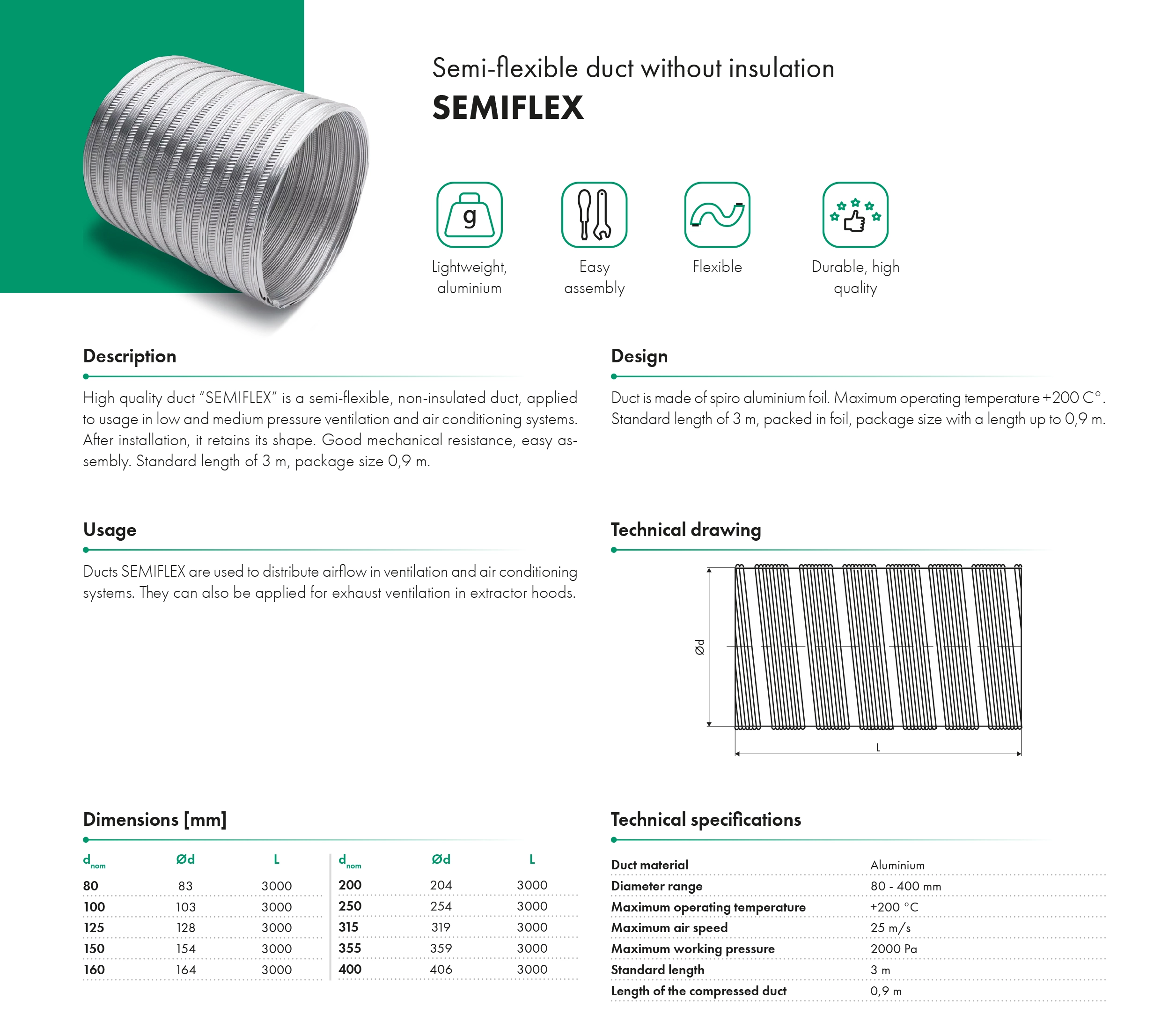 Semi-flexible duct without insulation SEMIFLEX HAVACO, VENTIA