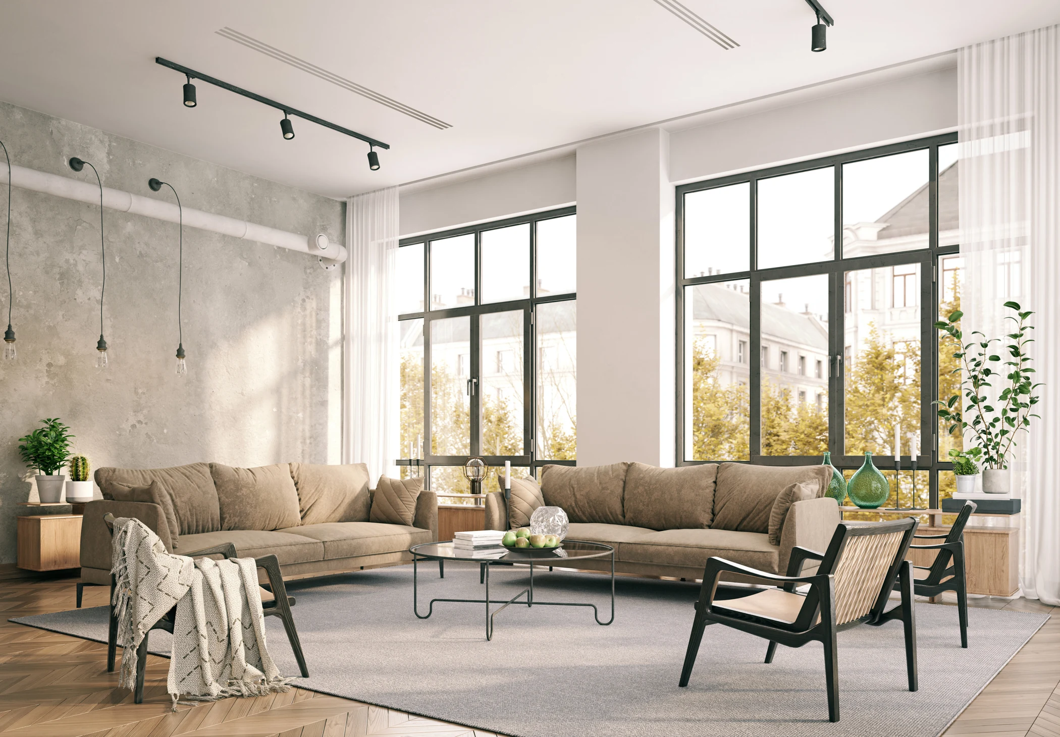 Inspiracja jasnego salonu z trzema szczelinami PLINE w suficie — materiał VENTMANN