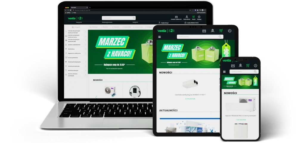 Zdjęcie laptopa, tabletu i smartfonu wyświetlających serwis Ventia B2B