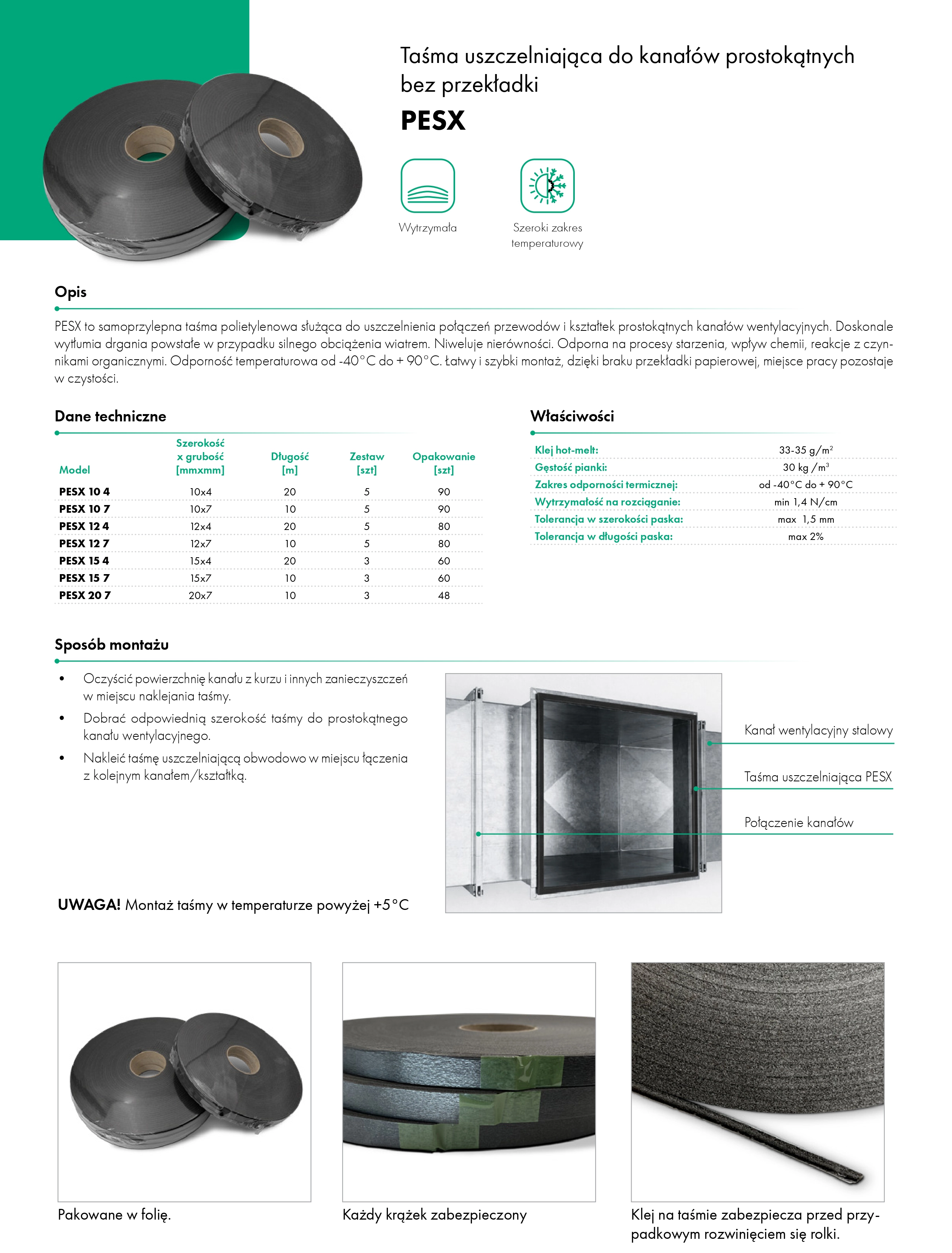 Taśma uszczelniająca do kanałów prostokątnych bez przekładki PESX