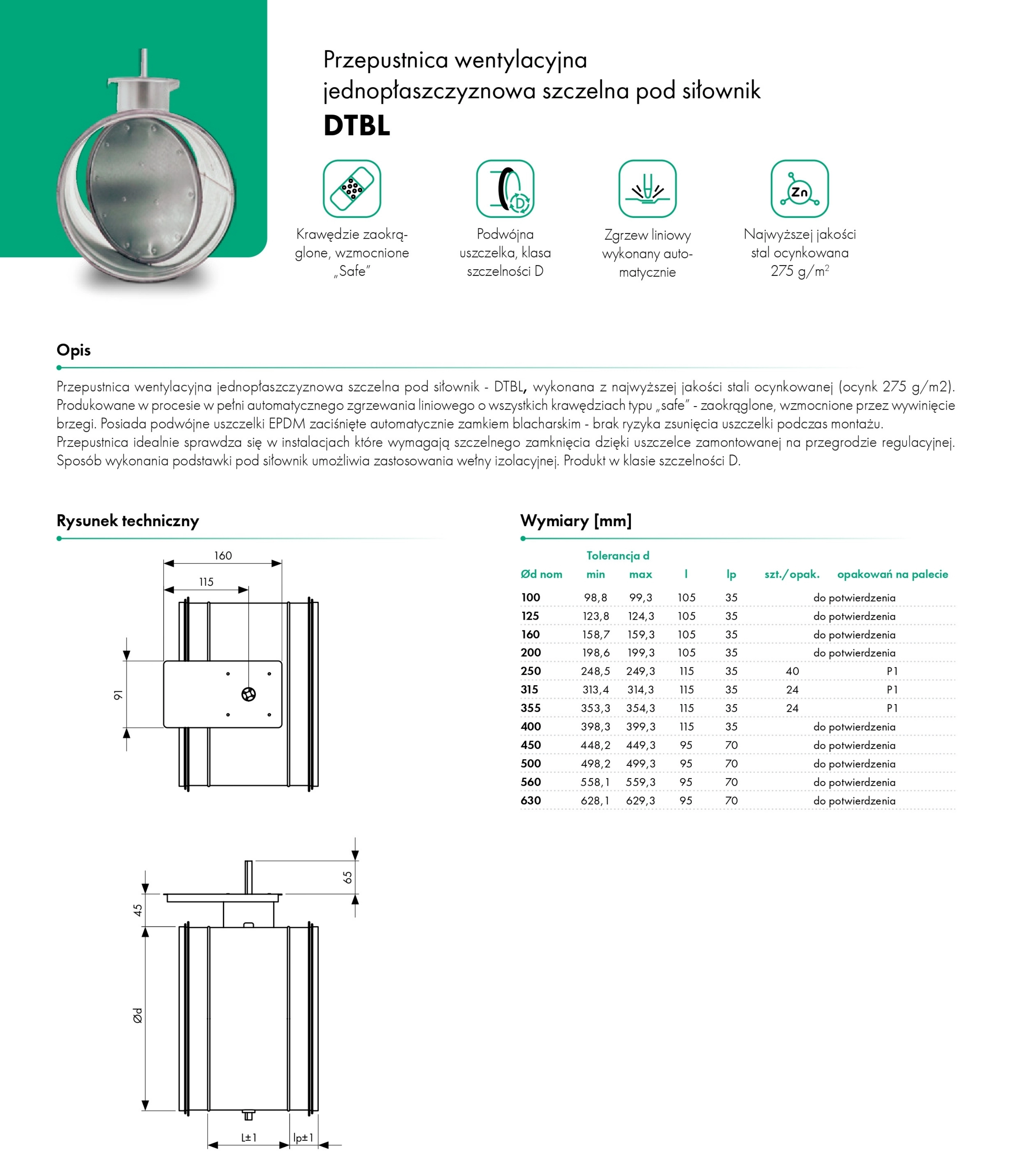 Przepustnica wentylacyjna jednopłaszczyznowa szczelna pod siłownik DTBL - HAVACO