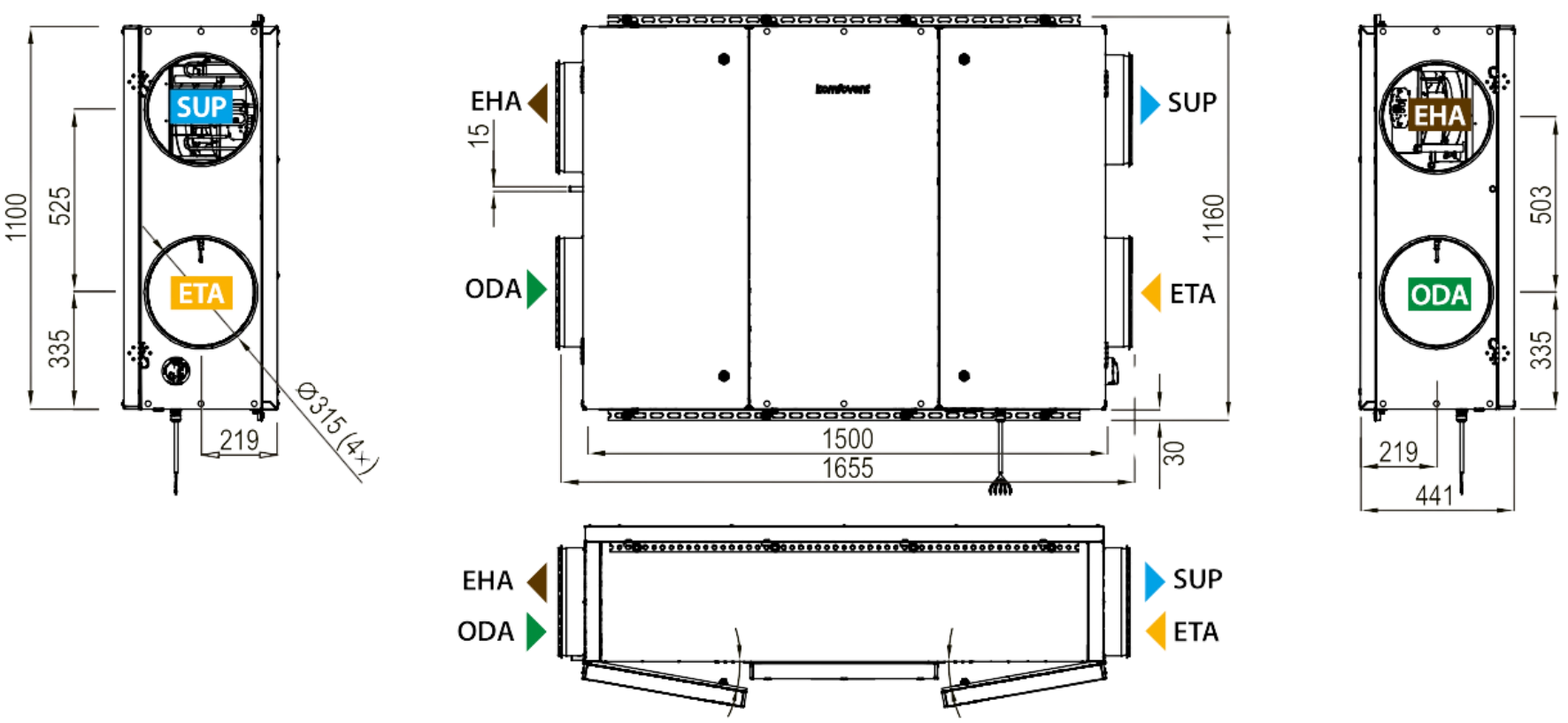 Rysunek techniczny i wymiary centrali wentylacyjnej Komfovent VERSO CF 1000 F
