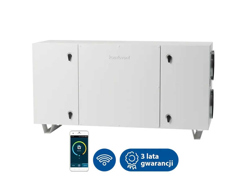 Centrala wentylacyjna, rekuperator, Komfovent Domekt CF 700 H klasy premium. Posiada zintegrowaną automatykę sterowania C6M oraz wymiennik obrotowy. Maksymalny strumień powietrza -  621 m3/h. Sprawność temperaturowa odzysku ciepła - 89%.   Ventia