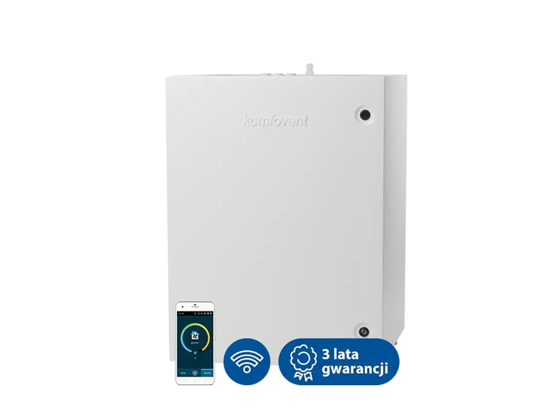 Centrala wentylacyjna, rekuperator, Komfovent Domekt CF 300 V klasy premium. Posiada zintegrowaną automatykę sterowania C6M oraz wymiennik obrotowy. Maksymalny strumień powietrza -   304 m3/h. Sprawność temperaturowa odzysku ciepła - 88%.   Ventia