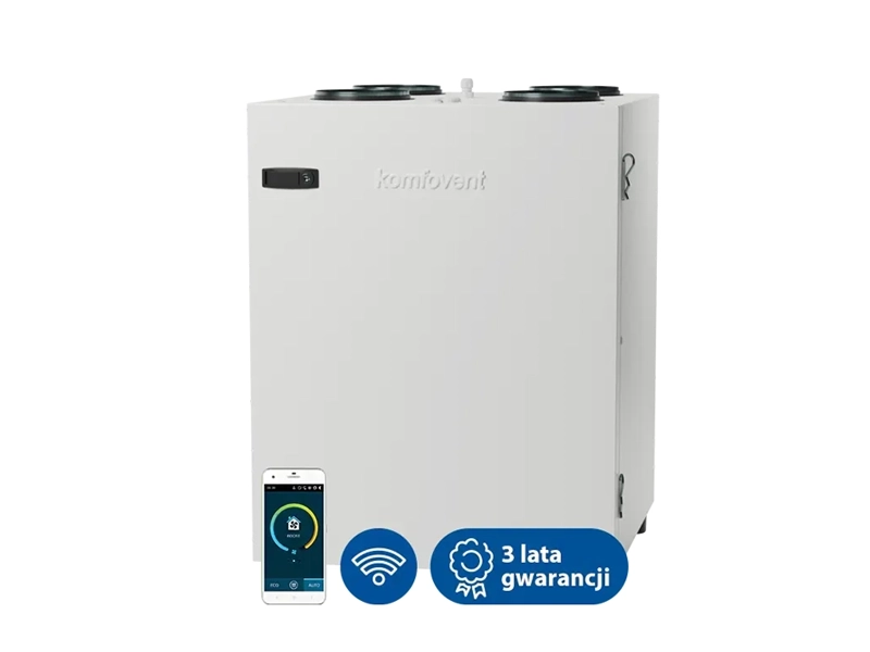 Centrala wentylacyjna, rekuperator, Komfovent Domekt CF 400 V klasy premium. Posiada zintegrowaną automatykę sterowania C6M oraz wymiennik obrotowy. Maksymalny strumień powietrza -   406 m3/h. Sprawność temperaturowa odzysku ciepła - 88%.   Ventia
