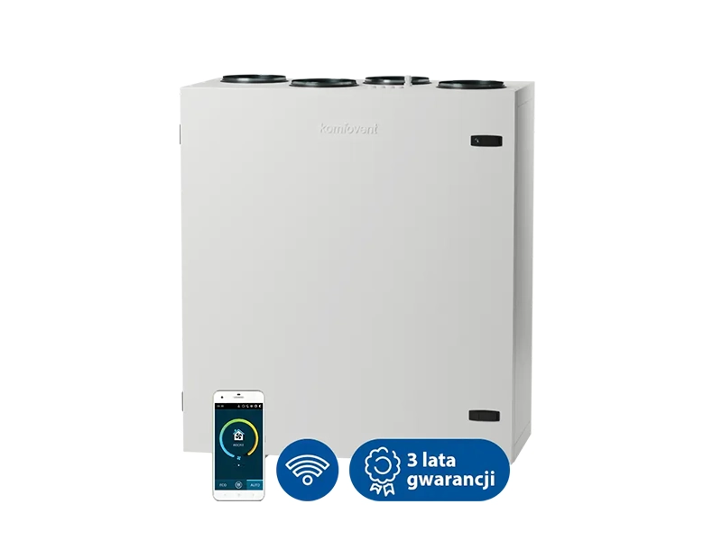 Centrala wentylacyjna, rekuperator, Komfovent Domekt CF 700 V klasy premium. Posiada zintegrowaną automatykę sterowania C6M oraz wymiennik obrotowy. Maksymalny strumień powietrza -  650 m3/h. Sprawność temperaturowa odzysku ciepła - 89%.   Ventia