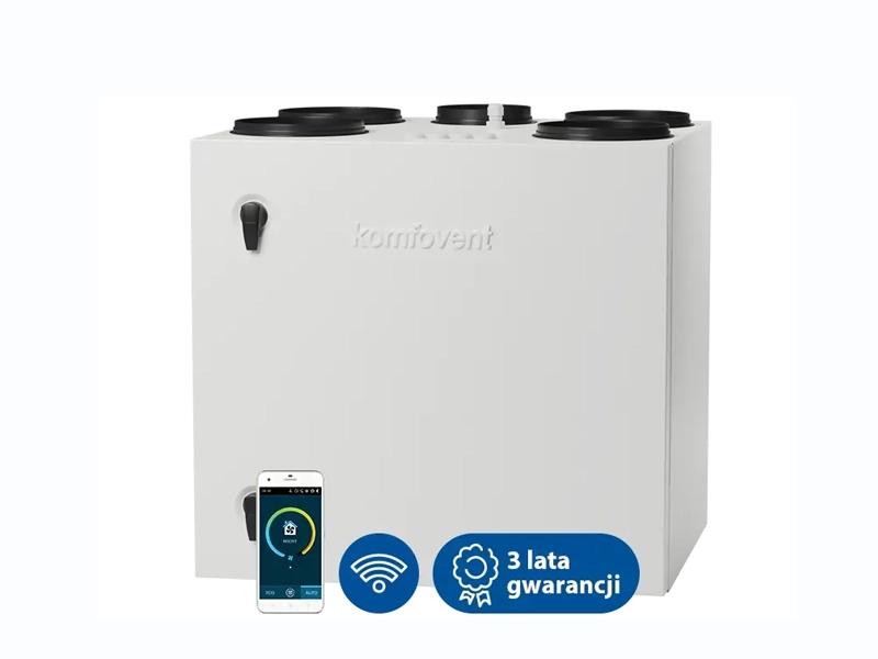 Centrala wentylacyjna, rekuperator, Komfovent Domekt R 400 V klasy premium. Posiada zintegrowaną automatykę sterowania C6M oraz wymiennik obrotowy. Maksymalny strumień powietrza - 371 m3/h. Sprawność temperaturowa odzysku ciepła - 85%.  Najlepszy rekuperator do domów o powierzchni  100 - 140 m2 - cichy, kompaktowy.  Ventia